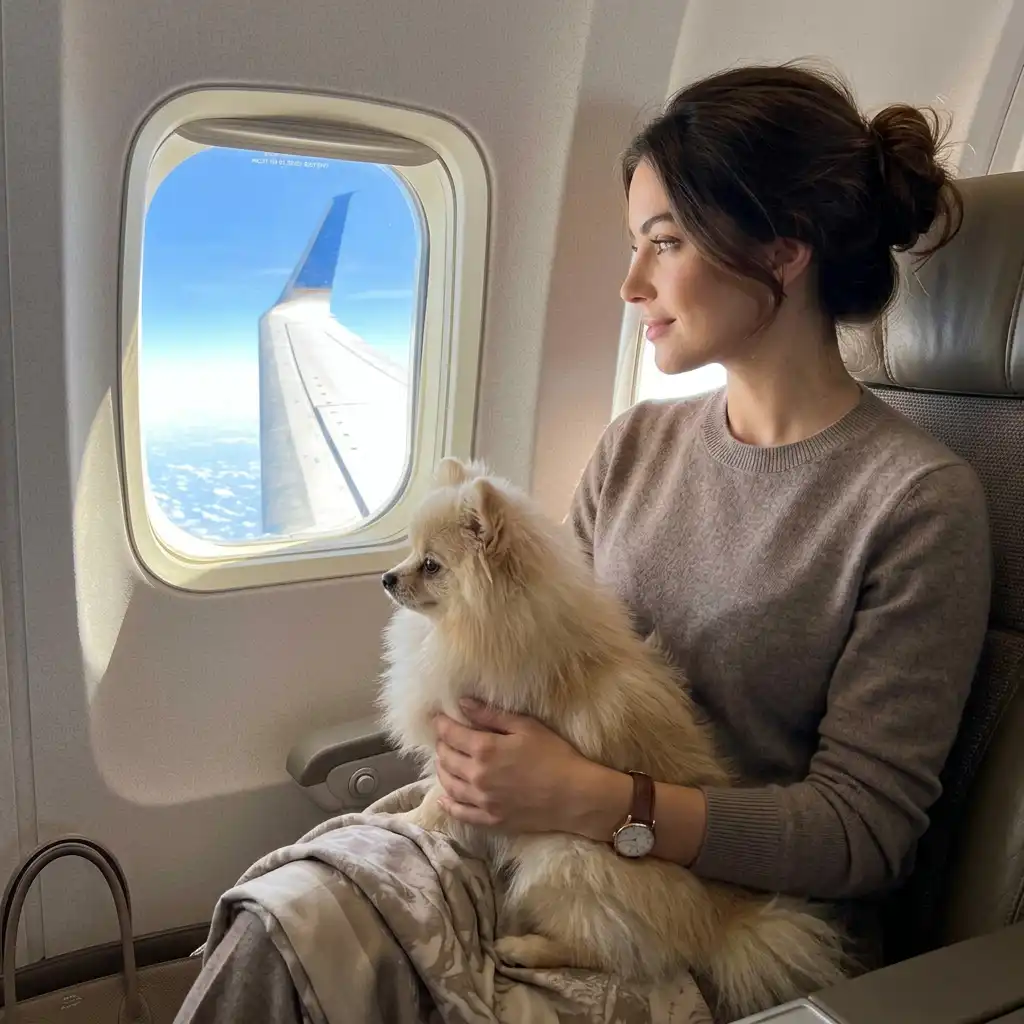 Cachorro de estimação olhando pela janela de um avião